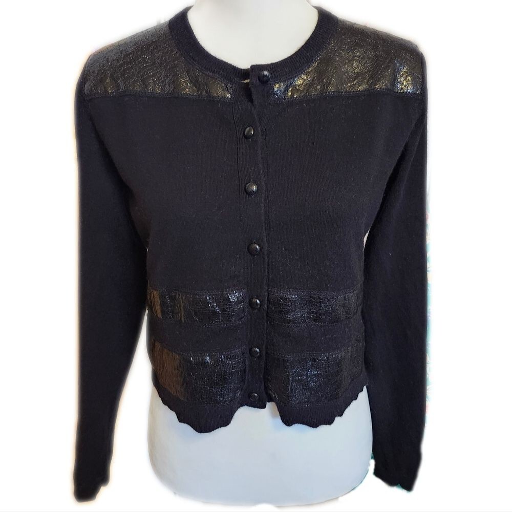 Don Caster Collection black button-down cardigan, faux leather stripes M